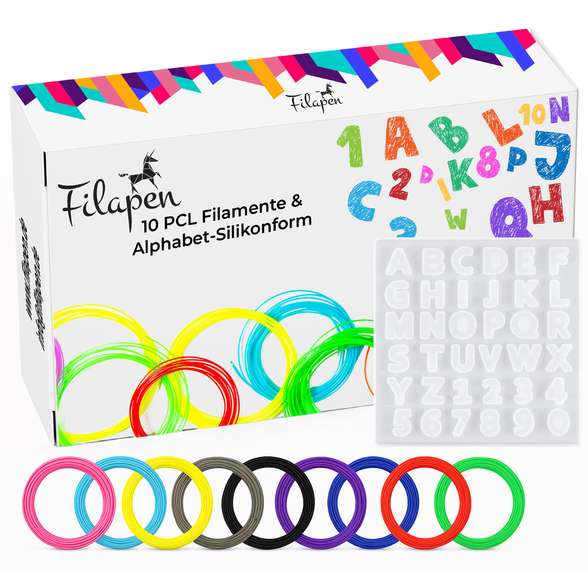 Filapen® Silikonform Alphabet und Zahlen inklusive 10 x 5m PCL-Filament