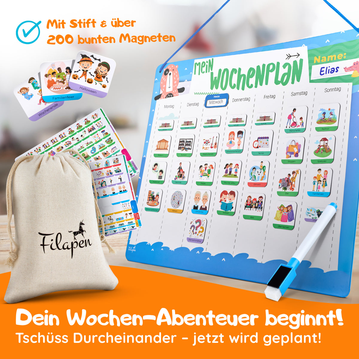 Filapen® Kinder Wochenplaner - Montessori Magnettafel inkl. 209 Magnete