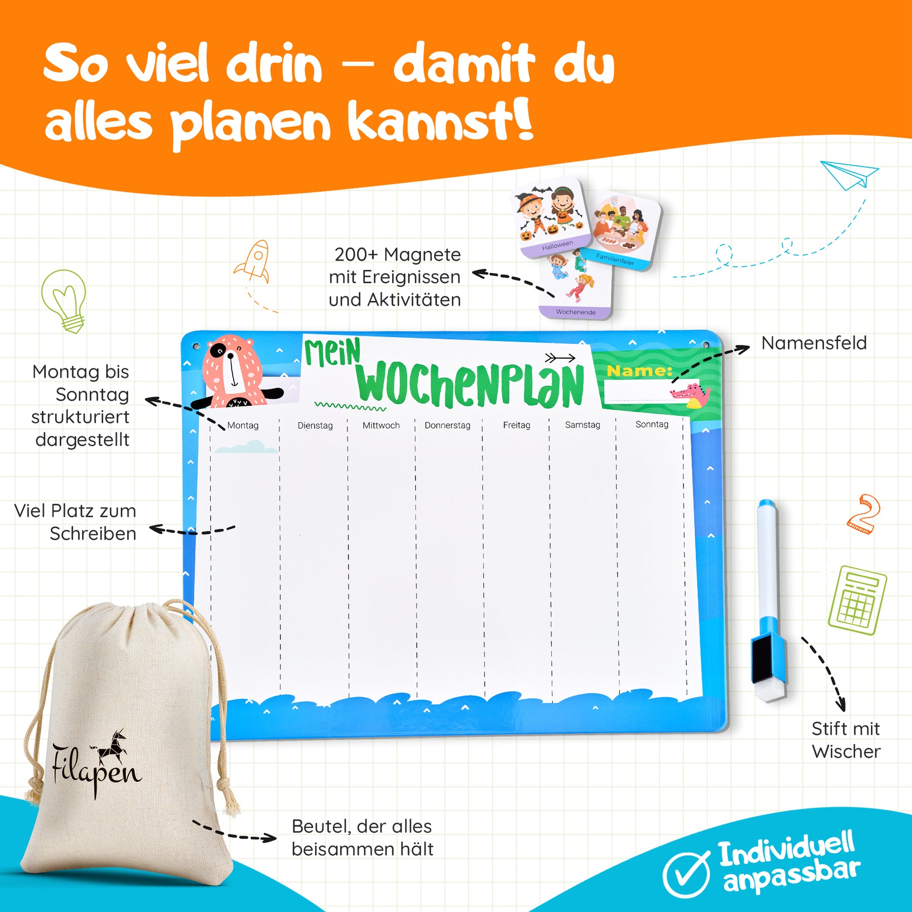 Filapen® Kinder Wochenplaner - Montessori Magnettafel inkl. 209 Magnete