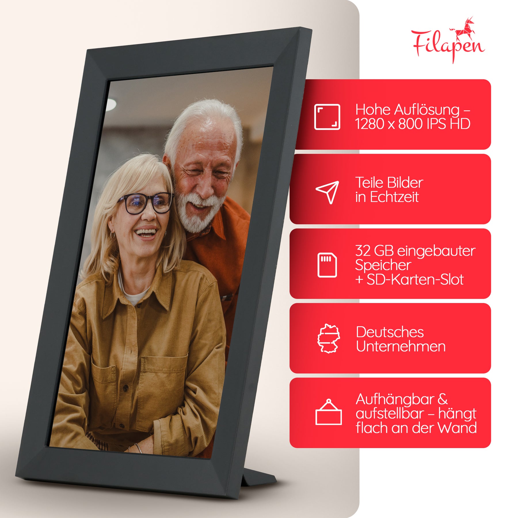 Filapen Digitaler Bilderrahmen – 10,1 zoll HD Touchscreen, WiFi, 32GB Speicher