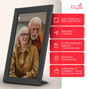 Filapen Digitaler Bilderrahmen – 10,1 zoll HD Touchscreen, WiFi, 32GB Speicher
