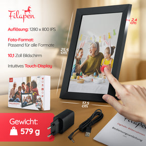 Filapen Digitaler Bilderrahmen – 10,1 zoll HD Touchscreen, WiFi, 32GB Speicher
