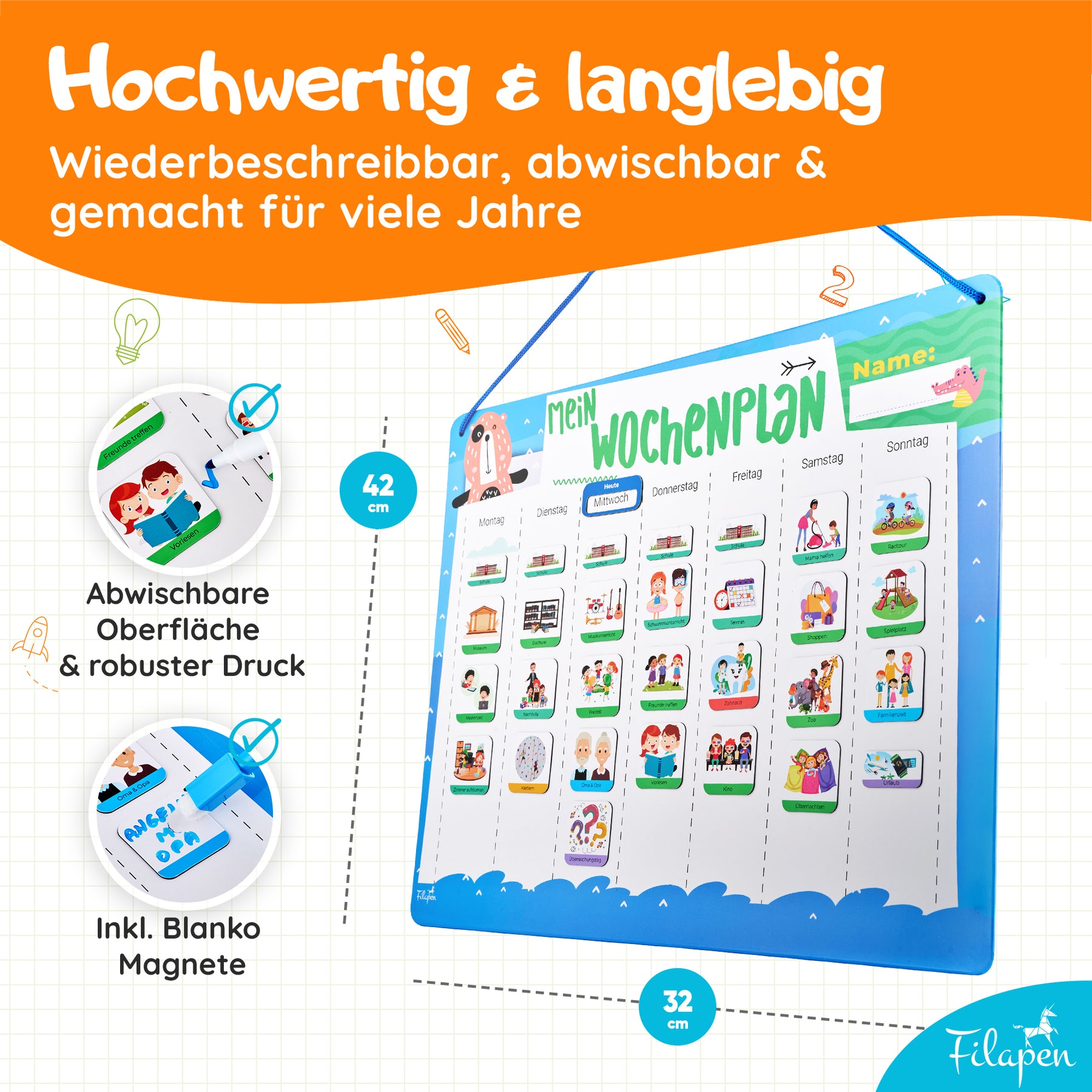 Filapen® Kinder Wochenplaner - Montessori Magnettafel inkl. 209 Magnete