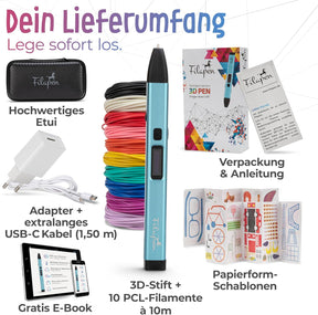Premium 3D Stift Set mit 10 Filamenten und Etui (Blau)