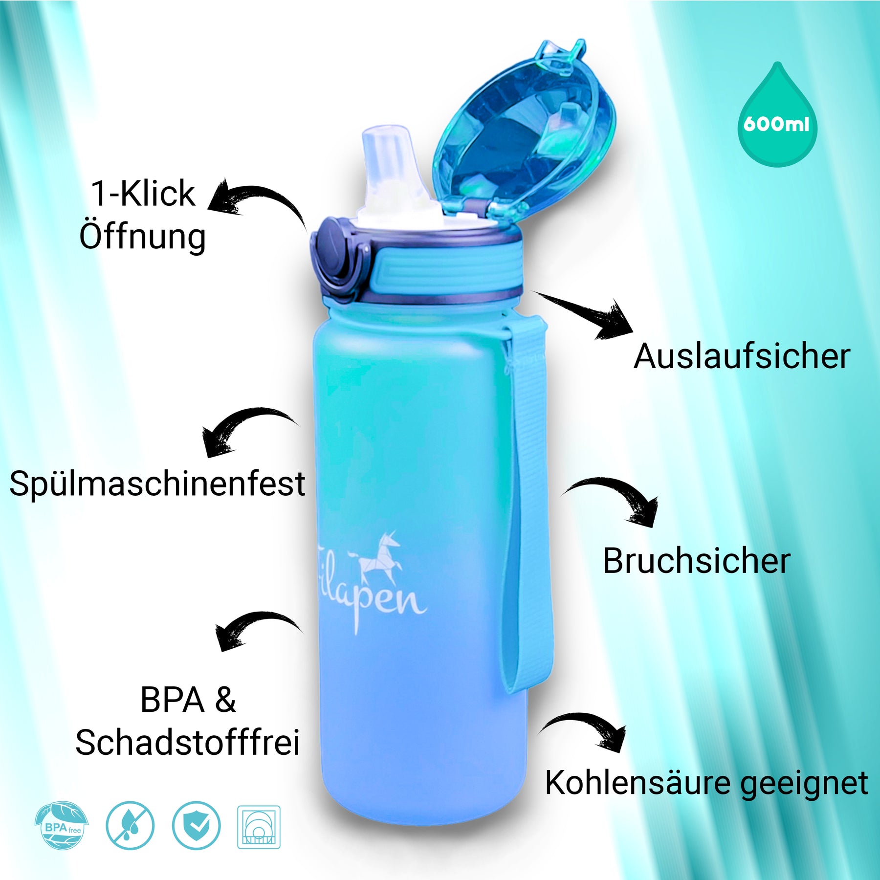 Filapen® Trinkflasche für Kinder 0,6L - Auslaufsicher, BPA-Frei