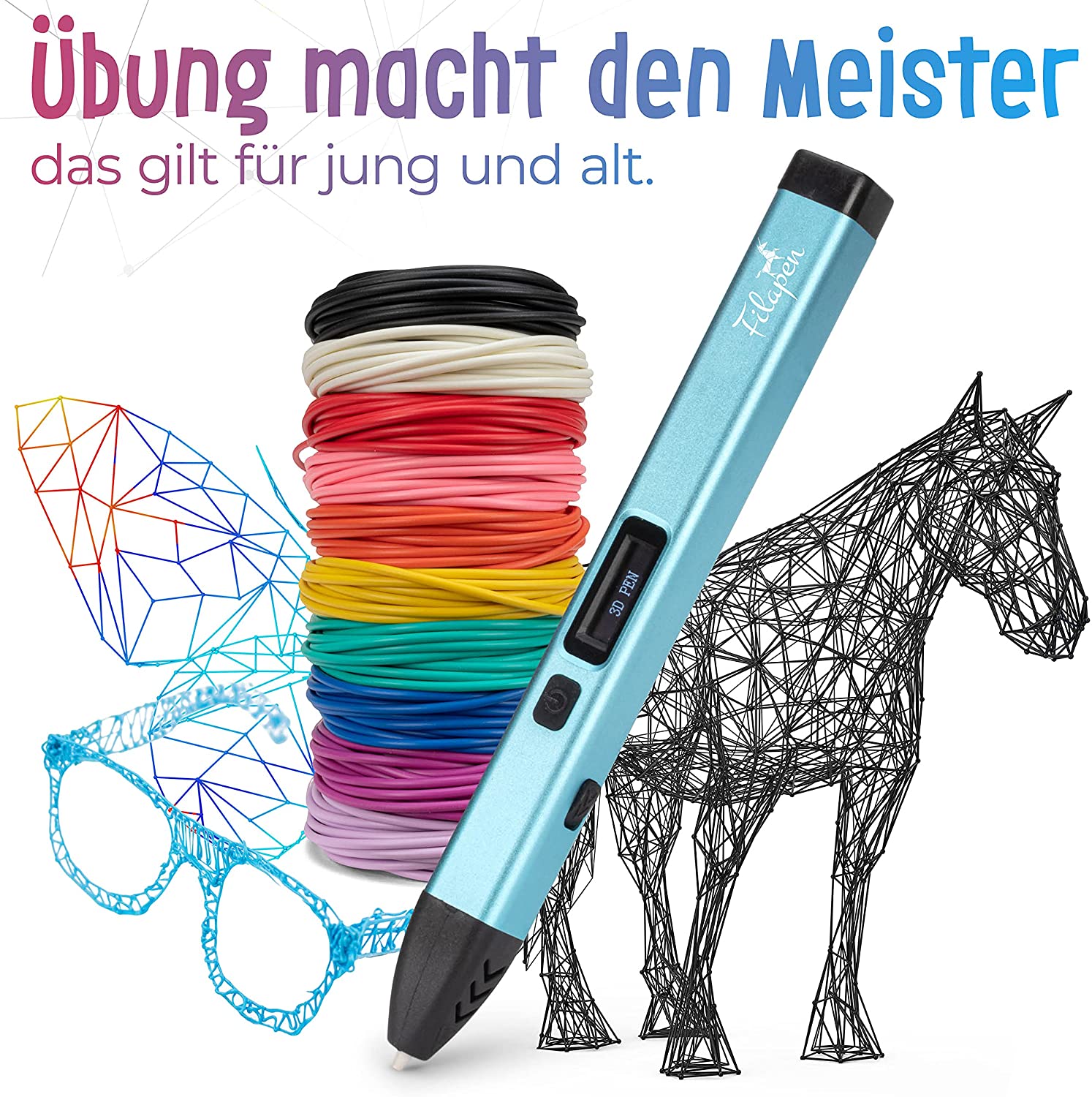 Filapen® Premium 3D Stift mit 10 Filamenten (Blau) - Filapen